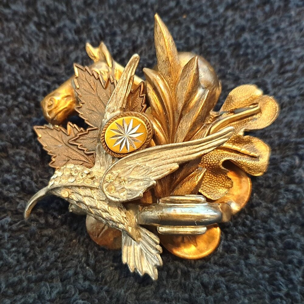 Unique Antique Hummingbird, Horse and Maple Leaves Pin/Brooch